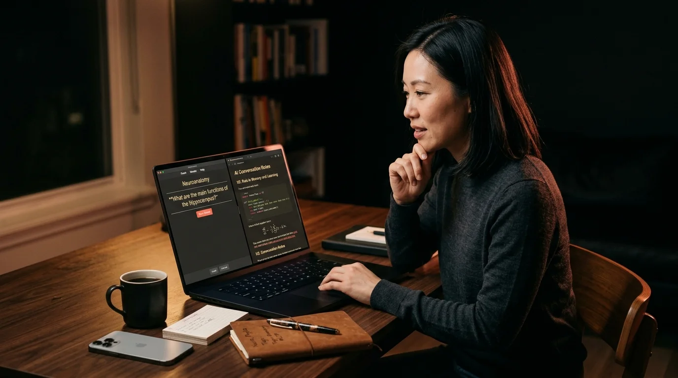 A 30s East Asian woman medical student with shoulder-length black hair in a charcoal merino crewneck sweater at a dark walnut desk reviewing Anki flashcards on a 16 inch matte-black laptop, the screen split into two clean columns showing an Anki review card on the left with a warm cream serif prompt and a small coral Show Answer button and a rendered markdown source document on the right showing the original AI conversation with H2 section headings, a fenced code block with syntax highlighting, an inline KaTeX equation, and warm coral underlined inline links, a folded leather notebook with handwritten study tags and a small stack of index cards beside the laptop, a ceramic mug of black coffee and a closed iPhone face down on the desk, lit by warm tungsten side light and a soft coral rim glow against a near-black background.