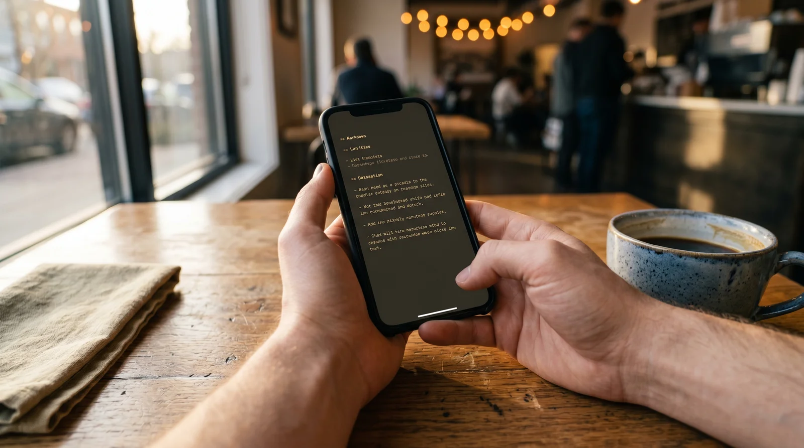 Hands holding a smartphone showing a dark-mode markdown document, in soft warm window light at a wooden coffee shop table with a ceramic mug in soft focus.
