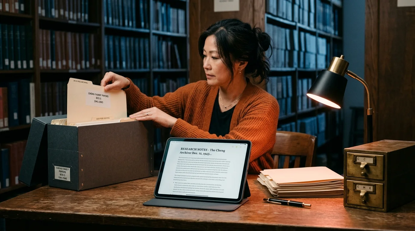 A 40s East Asian archivist in a rust cardigan placing a labeled folder into a fireproof filing box on a walnut desk, next to a tablet displaying a typeset markdown document, warm coral desk lamp light, editorial photography.