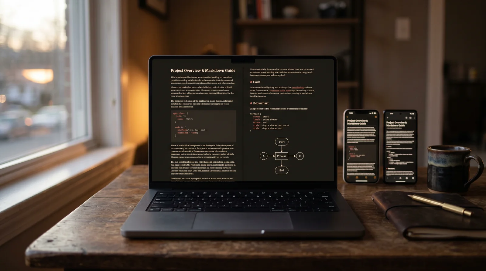 Workspace at dusk with a laptop displaying a markdown document with code and a Mermaid flowchart, and two smartphones beside it showing the same document in less-readable interfaces.