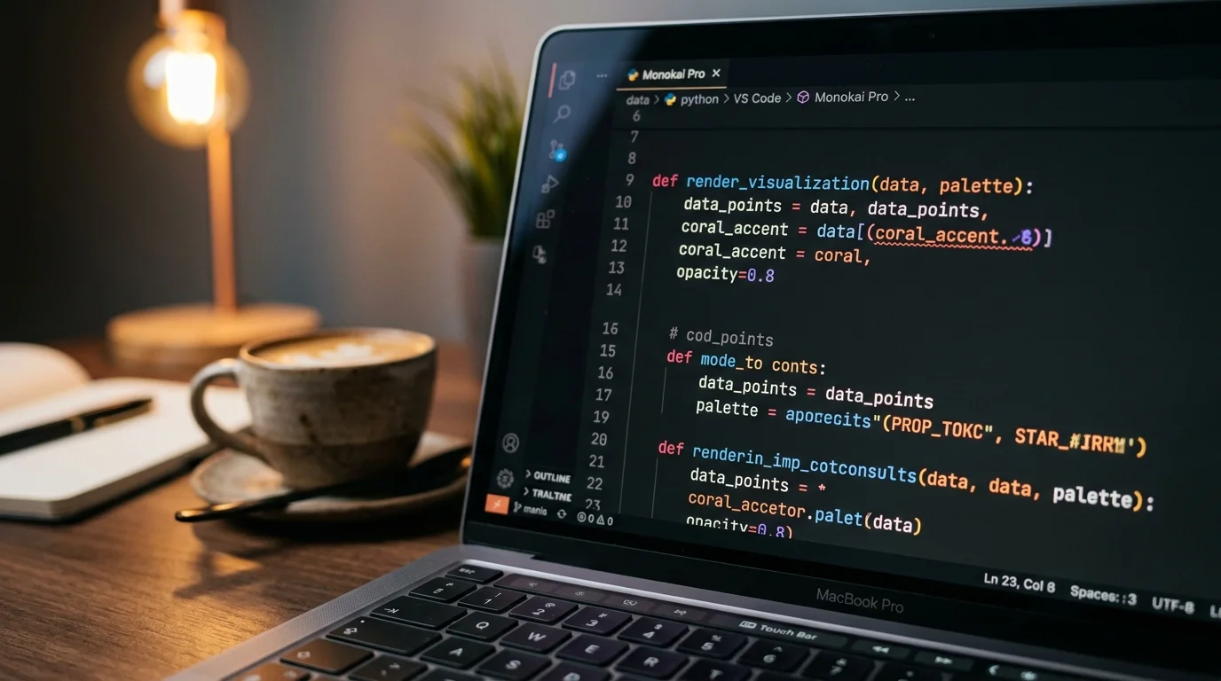 A modern laptop screen displaying beautifully rendered code in a monospace font with warm coral accent glow on a dark charcoal background, ceramic coffee cup slightly out of focus in the foreground