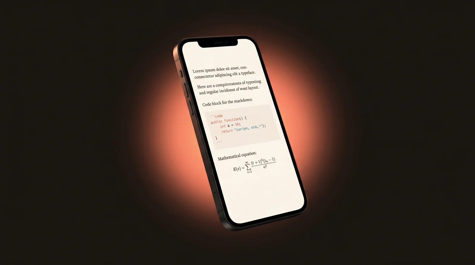 Floating smartphone with a rendered markdown document showing code and math, glowing on a dark coral-lit background.