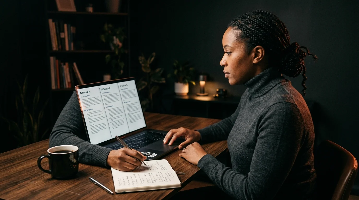 A 30s Black woman in a charcoal merino turtleneck at a dark walnut desk comparing three rendered markdown documents shown as three vertical columns on a 16 inch matte-black laptop, each column labeled with a different AI source, with a small notebook of handwritten margin notes and a ceramic mug of black coffee beside her, lit by warm tungsten side light and a coral rim glow against a near-black background.