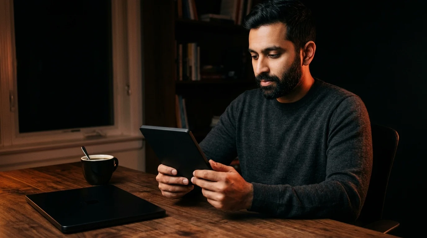 A 30s South Asian man in a charcoal merino crewneck sweater at a dark walnut desk reading a long-form EPUB on a matte-black 7 inch e-reader held flat in both hands, the screen showing rendered chapters from an AI research conversation with a table of contents in the margin, a closed 14 inch matte-black laptop and a ceramic mug of black coffee beside him, lit by warm tungsten side light and a soft coral rim glow against a near-black background.