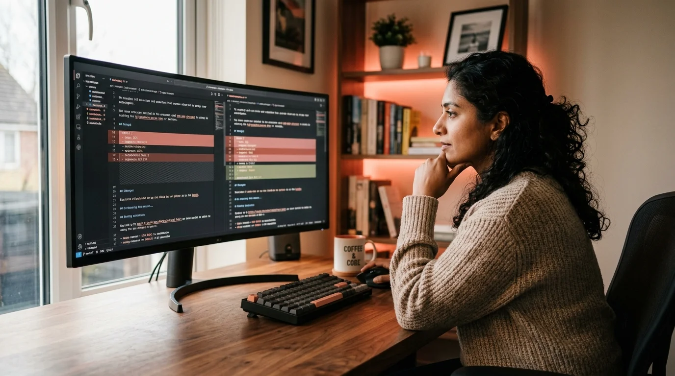 A 30s South Asian woman writer at a warm-lit walnut desk comparing two side-by-side markdown documents on a wide monitor, with coral highlight bars marking changed lines against a dark UI.