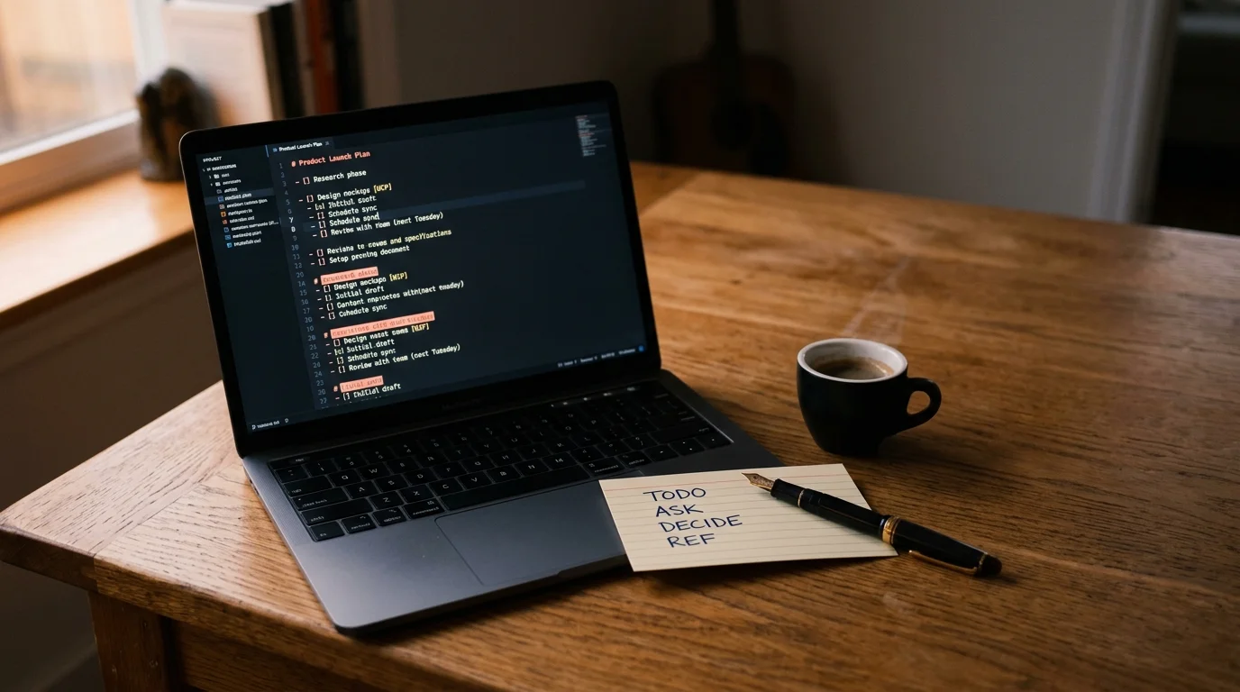 Overhead view of a warm wooden desk at dusk with a laptop showing a dark-mode markdown document with coral highlights, a paper card with handwritten tags TODO ASK DECIDE REF, a fountain pen and an espresso cup.