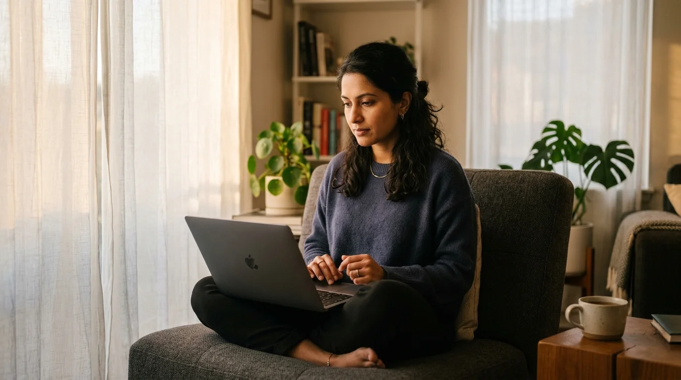A South Asian woman engineer curled in a warm-lit reading chair, laptop on her lap, inspecting clean markdown glowing coral on a dark screen.