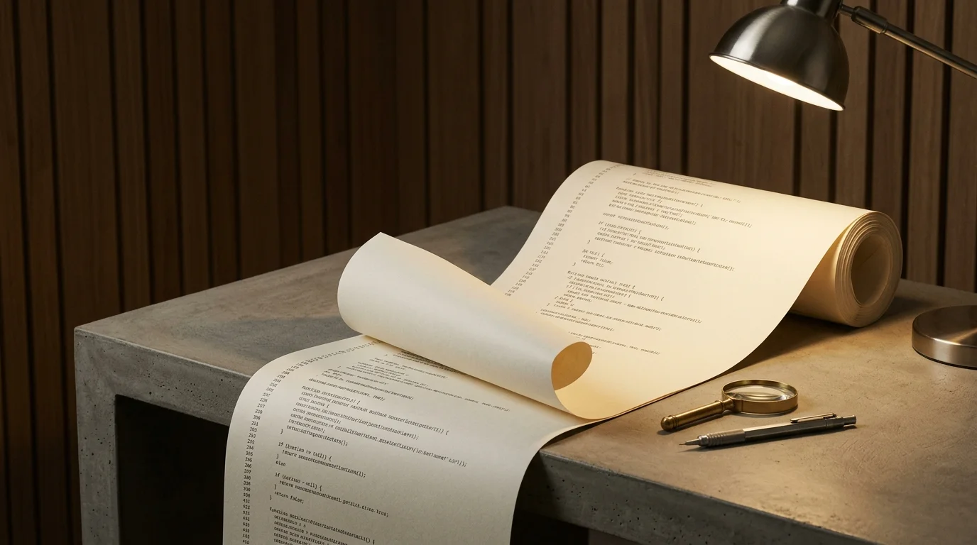 An unfurled scroll of numbered source code on a concrete desk under a single task lamp, editorial still life.