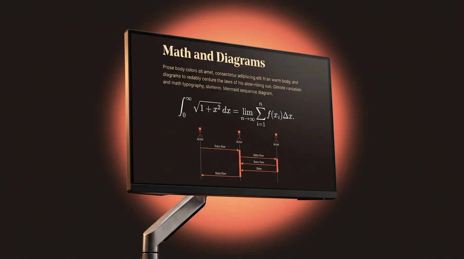 A floating external monitor against a coral radial glow displaying a markdown tutorial titled "Math and Diagrams" with a rendered KaTeX integral equation and a Mermaid sequence diagram with three actor columns.