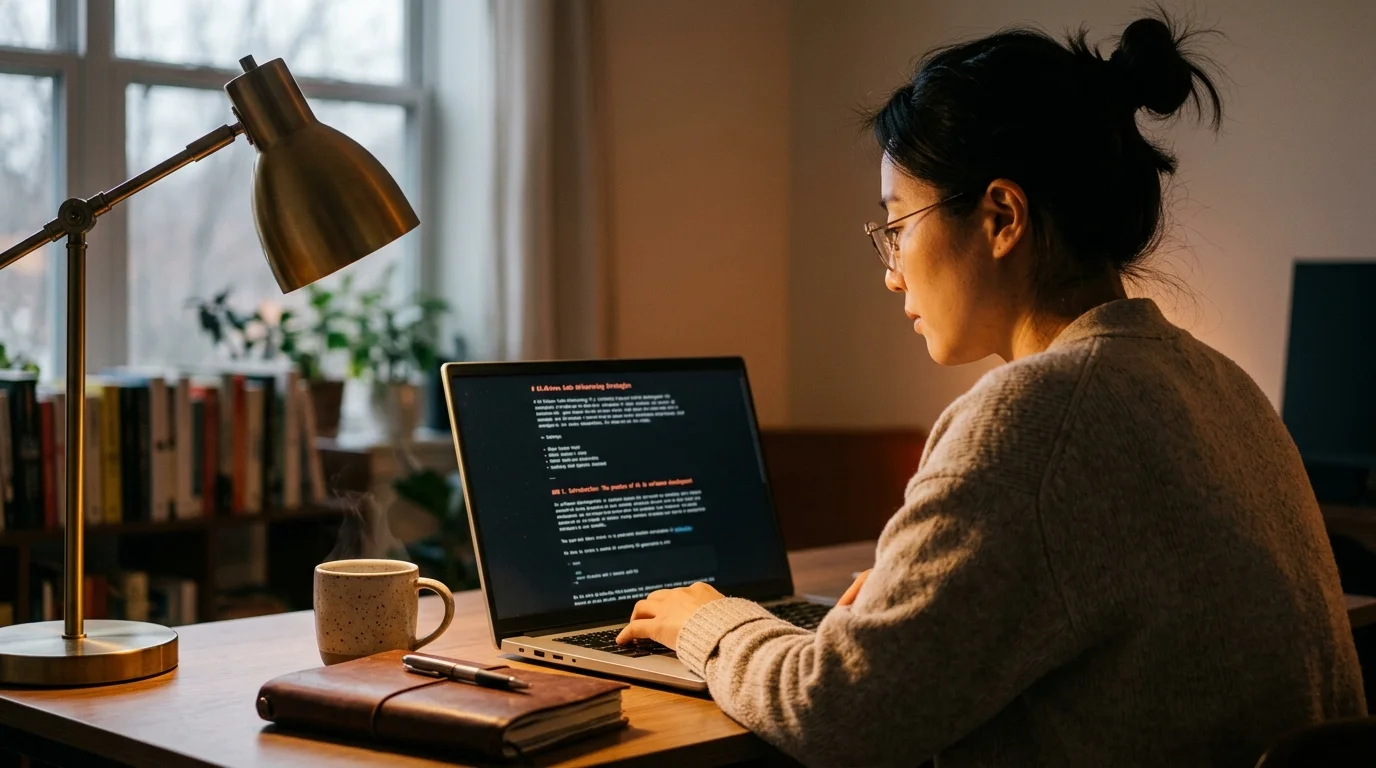 An East Asian woman software writer reading a long AI markdown document on a laptop at dusk, with a narrow well-measured dark-mode column of text lit by a warm desk lamp.