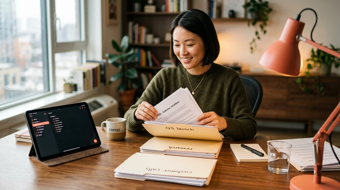 A product manager at a warm-lit walnut desk sorts printed markdown documents into labeled manila folders while a matte black tablet shows a coral-accented sidebar of nested project folders on a dark UI.