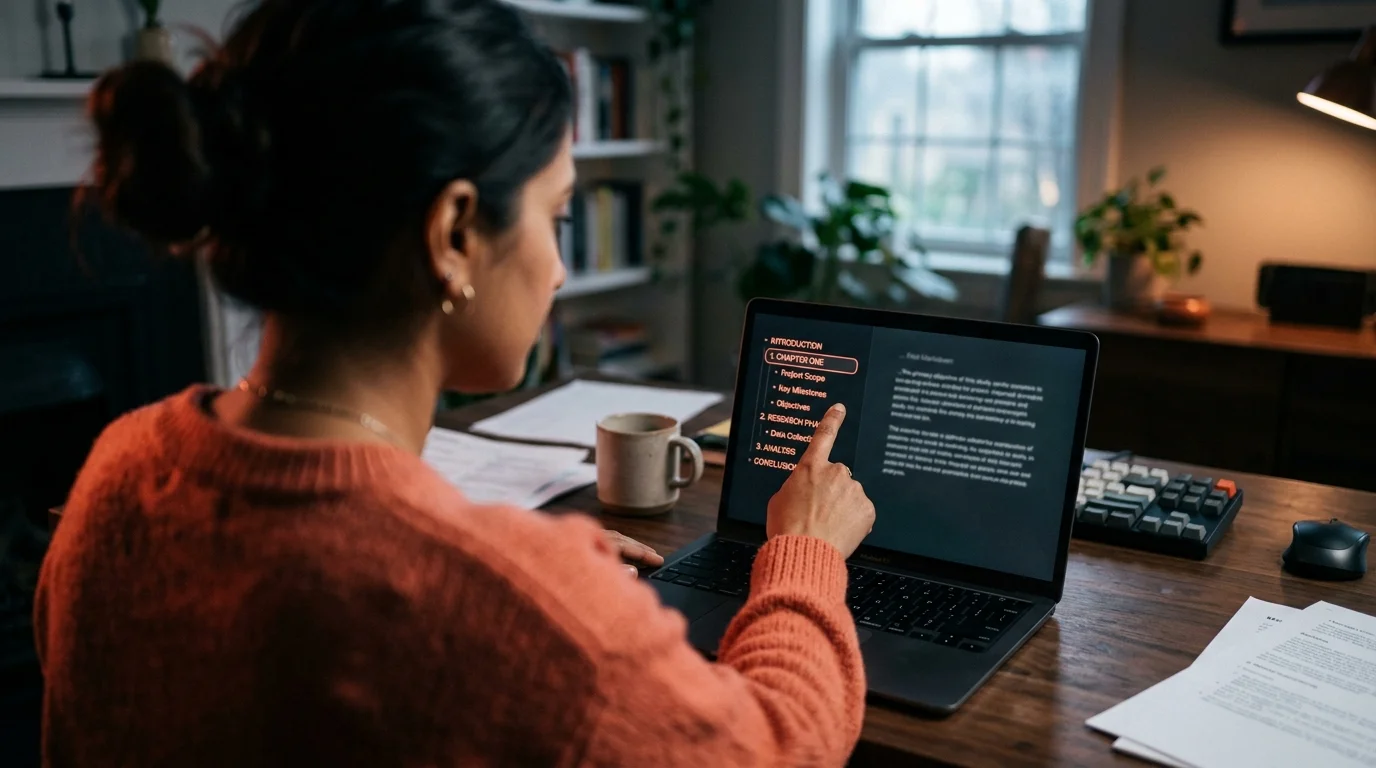 Over the shoulder photograph of a South Asian woman in a warm coral sweater at a walnut desk tapping a glowing coral outline sidebar on a dark laptop reader interface