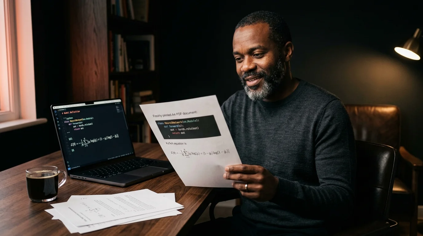 A 40s Black man in a charcoal merino sweater at a dark walnut desk holding a freshly printed PDF document showing rendered code blocks and a KaTeX equation, with an open 14 inch laptop displaying the same markdown source beside him, lit by warm tungsten side light and a coral rim glow against a near-black background.