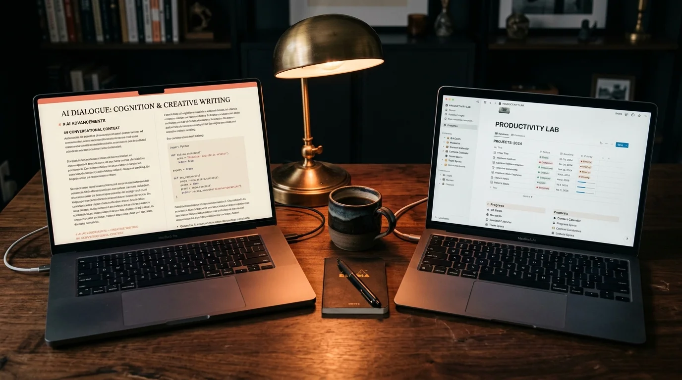 Overhead editorial still life of two laptops on a dark walnut desk: a markdown reader with serif AI conversation on the left and a Notion-style blocky workspace on the right, warm coral lamp light between them.