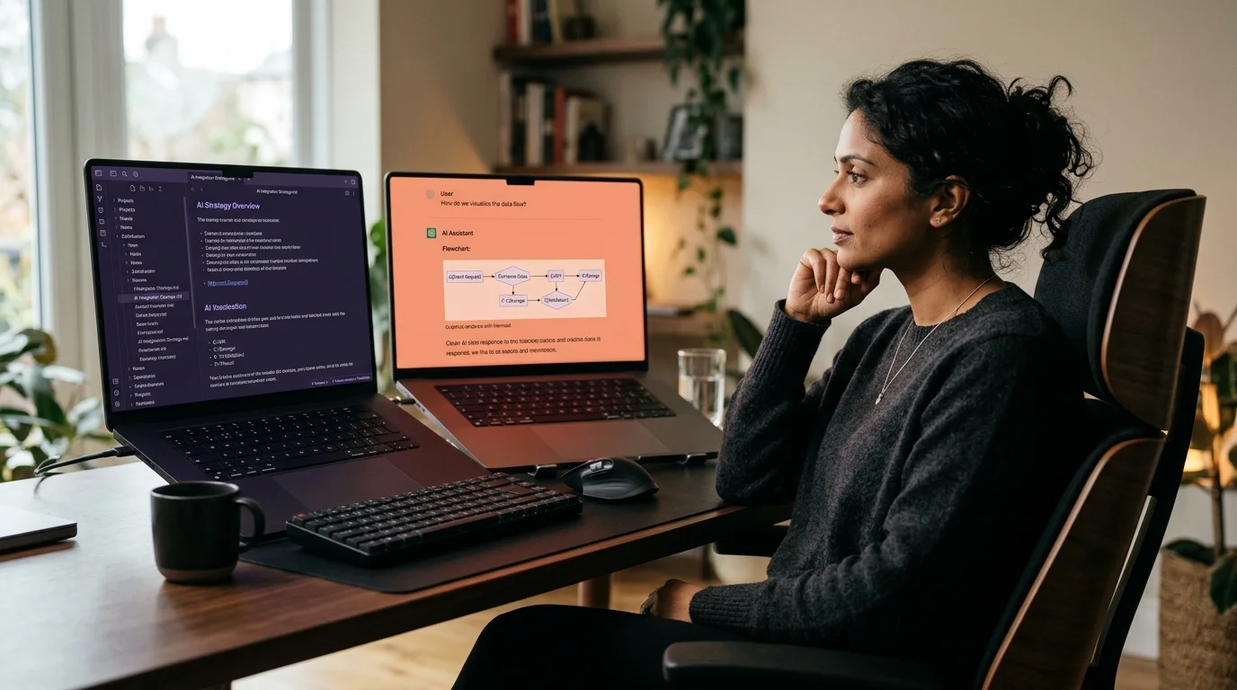 A South Asian woman in her 30s evaluating two laptop screens side by side, one showing an Obsidian vault with a dark purple file tree and markdown notes, the other glowing warm coral with a rendered AI conversation and Mermaid diagram, on a minimal dark desk with soft overhead lighting