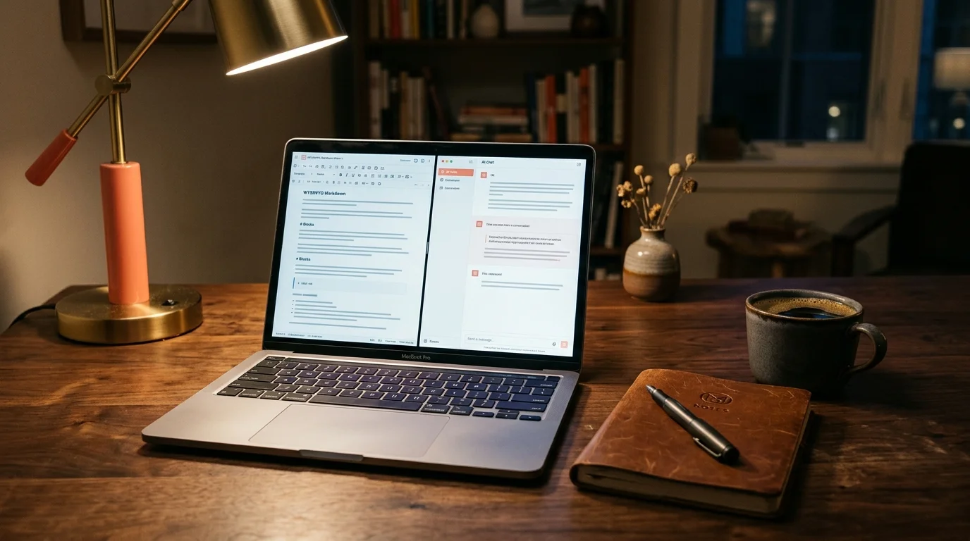 Dark walnut desk at night with a warm coral desk lamp, laptop open showing two markdown apps side by side, a leather notebook and a ceramic coffee mug beside it, editorial Monocle magazine lighting.