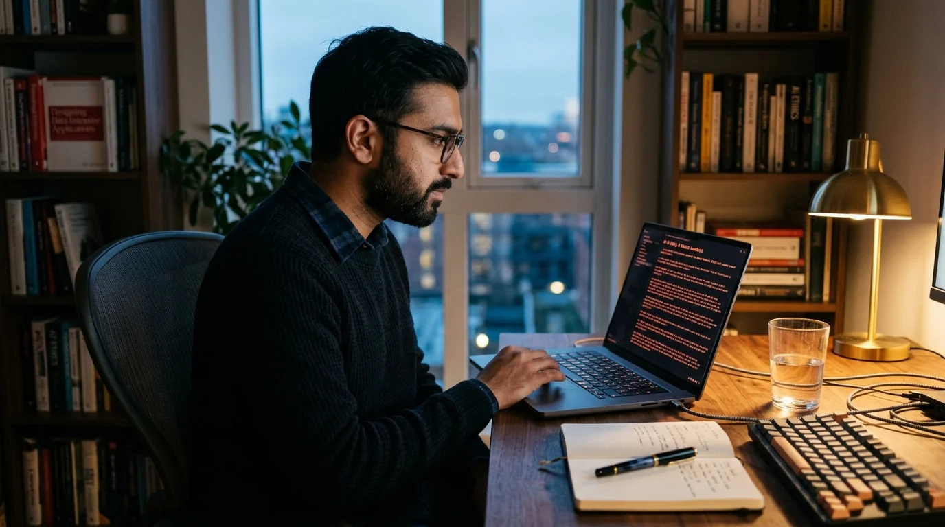 A South Asian software architect in a dim walnut home office reading a long AI research conversation in warm coral markdown typography on a 14-inch laptop screen.