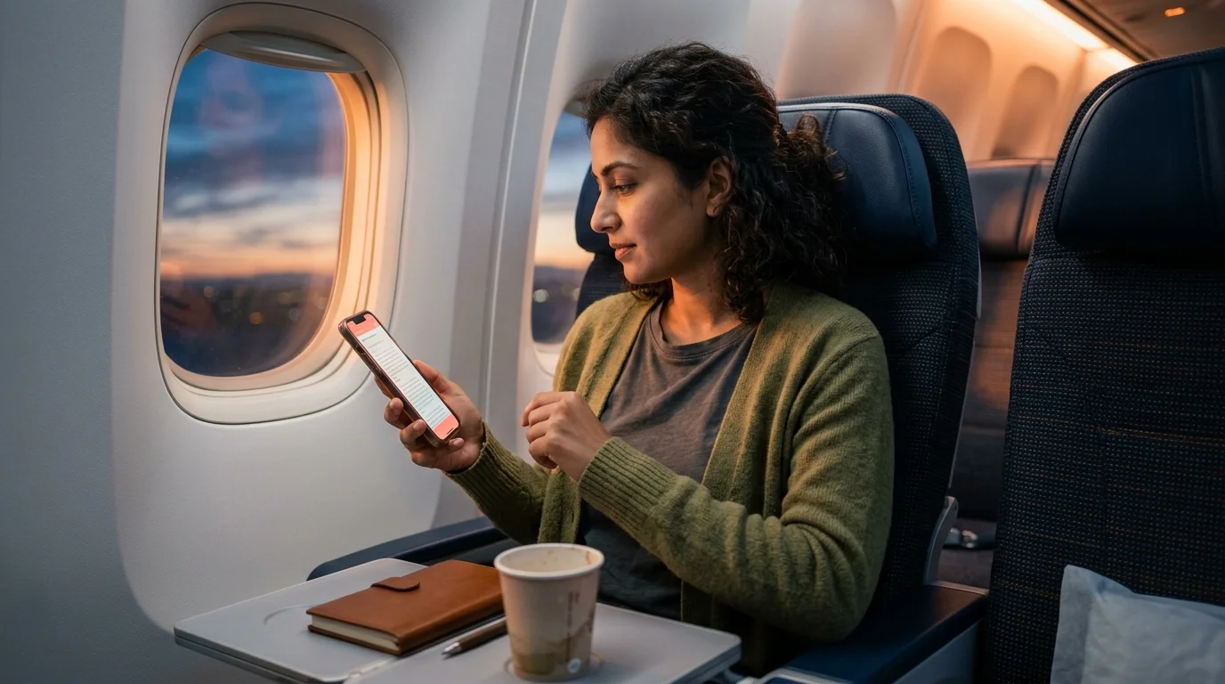 A 30s South Asian woman in a window seat of a wide-body aircraft holding a phone displaying a warm coral-accented markdown reader with long-form text, soft cabin light angling through the window at dusk