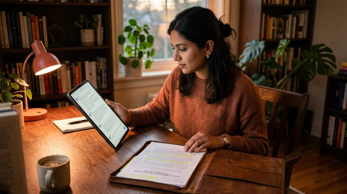 A South Asian woman at a warm wooden desk reads a long AI conversation on a matte tablet in her left hand while a printed PDF research paper rests open on a leather portfolio to her right, lit by a small coral desk lamp.