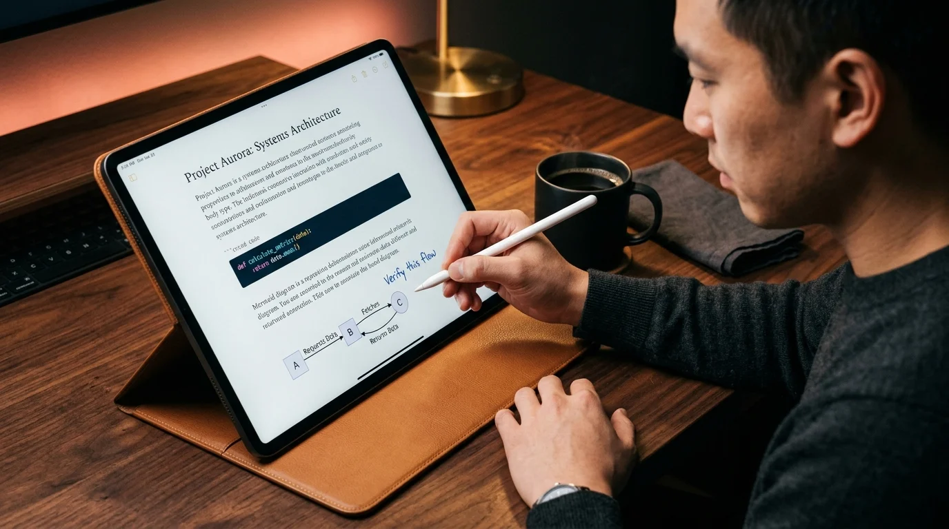 A 30s East Asian man in a charcoal sweater annotating a rendered markdown document on a 12.9 inch iPad Pro with an Apple Pencil, on a dark walnut desk with a ceramic mug of black coffee, lit by warm tungsten side light and a coral rim glow against a near-black background.