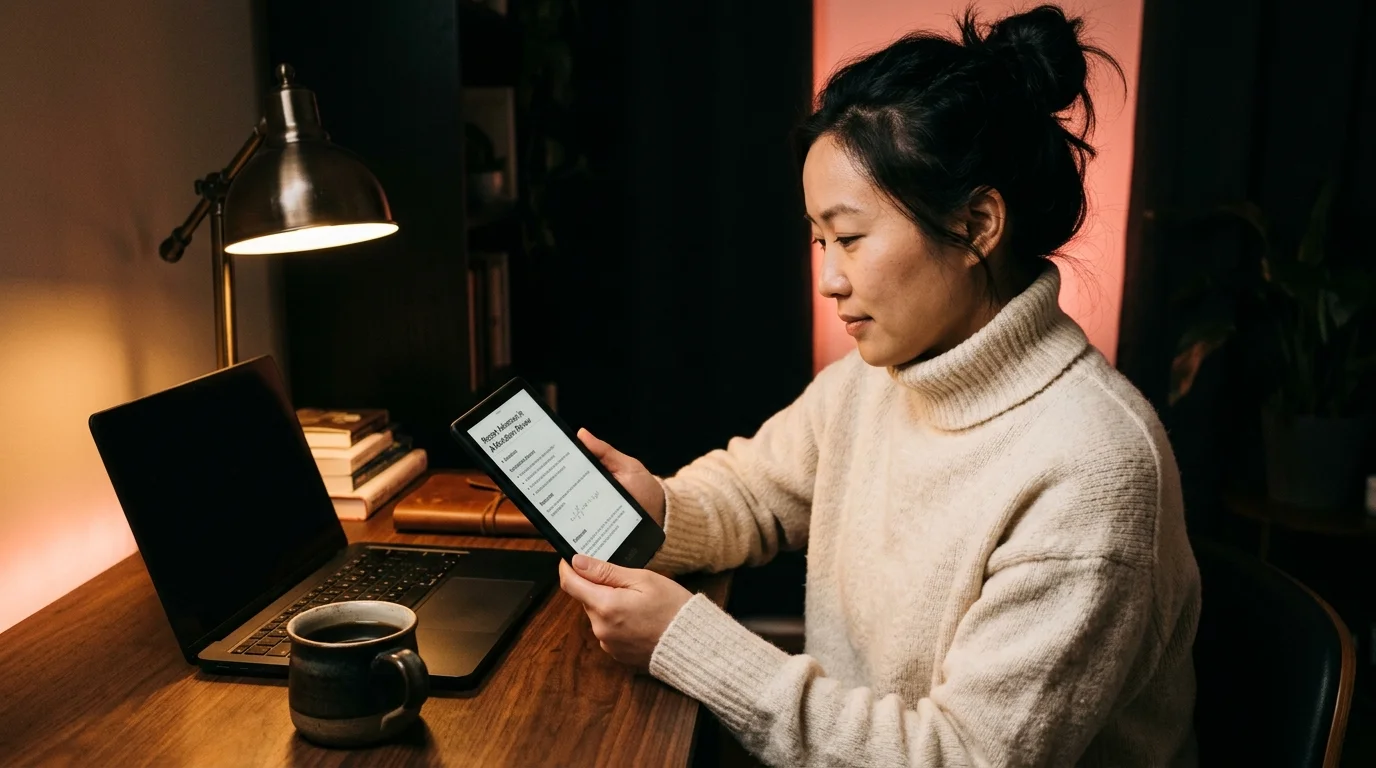 A 30s East Asian woman in a cream wool turtleneck reading a rendered markdown research document on a Kindle Paperwhite e-reader held in both hands, seated at a dark walnut desk with a closed matte-black laptop and a ceramic mug of black coffee beside her, lit by warm tungsten side light and a soft coral rim glow against a near-black background.