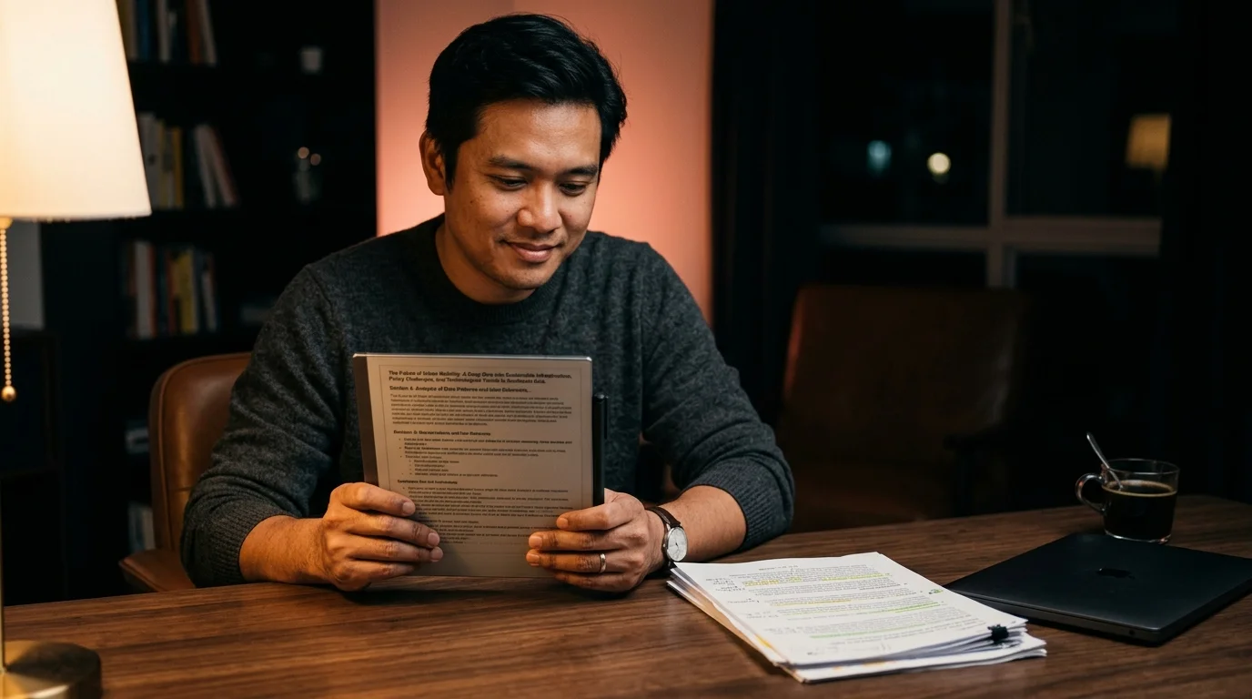 A 30s Southeast Asian man in a charcoal merino crewneck sweater at a dark walnut desk reading a long rendered markdown document on a reMarkable 2 e-ink tablet held flat in both hands, with a marker resting on the bezel and a small stack of annotated printouts beside him, a closed 14 inch matte-black laptop and a ceramic mug of black coffee on the desk, lit by warm tungsten side light and a soft coral rim glow against a near-black background.