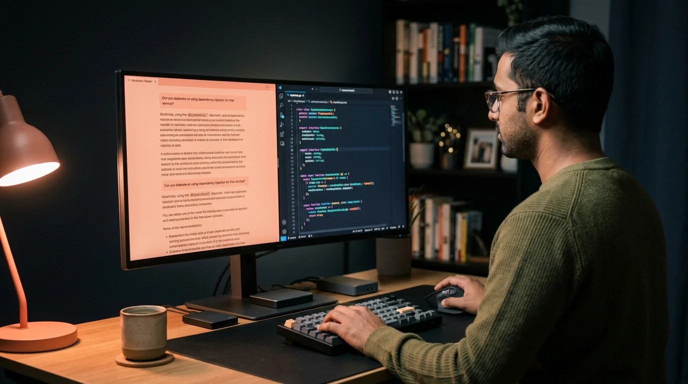 A 30s South Asian software engineer at a matte black standing desk working on a 34-inch ultrawide monitor split down the middle: warm coral-accented markdown reader showing a long AI conversation on the left, dark syntax-highlighted code editor on the right, coral desk lamp glow on ceramic coffee cup and mechanical keyboard.