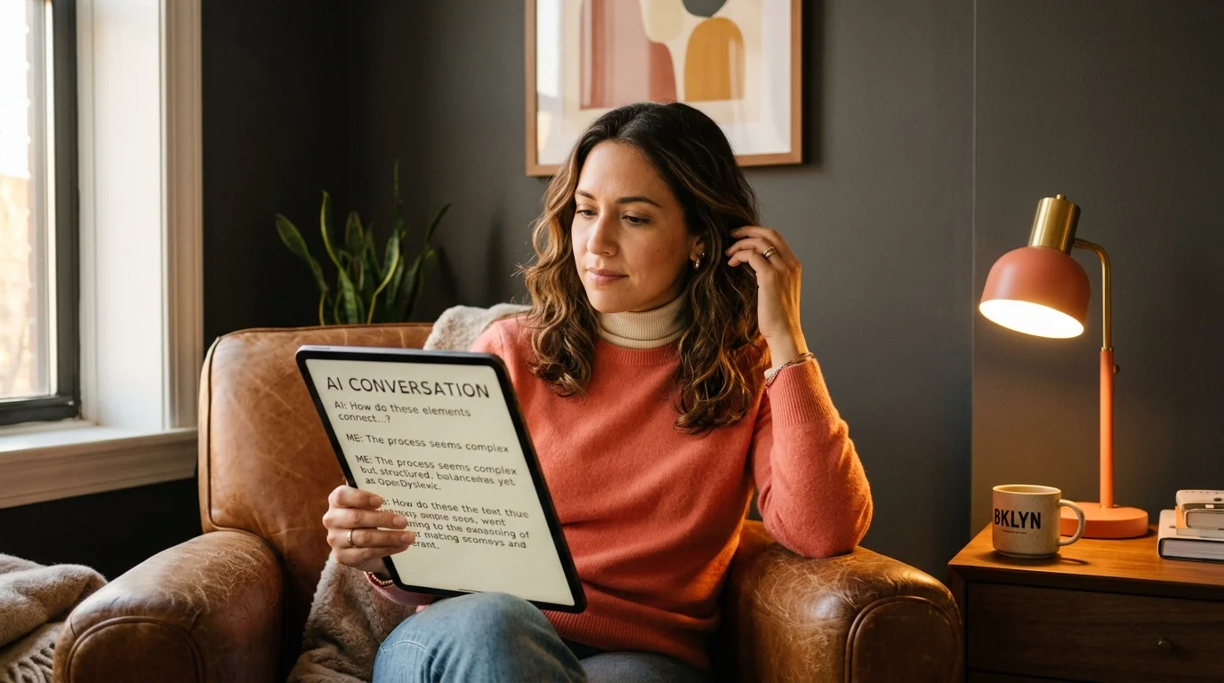 A 30s Latina woman in a soft coral cashmere sweater and cream turtleneck reading a long AI conversation in generous dyslexia-friendly typography on a matte 13-inch tablet, sitting on a worn leather club chair in a warm minimalist Brooklyn studio at golden hour, a coral desk lamp glowing on a walnut side table beside her, editorial magazine style.