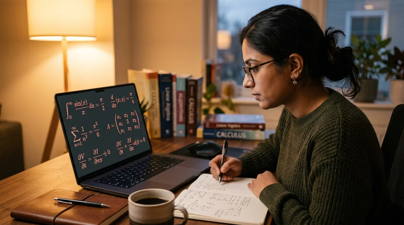 A South Asian woman engineer reading crisp KaTeX-rendered equations on a laptop with coral accent colors on a dark background, warm desk lighting, editorial still-life framing.