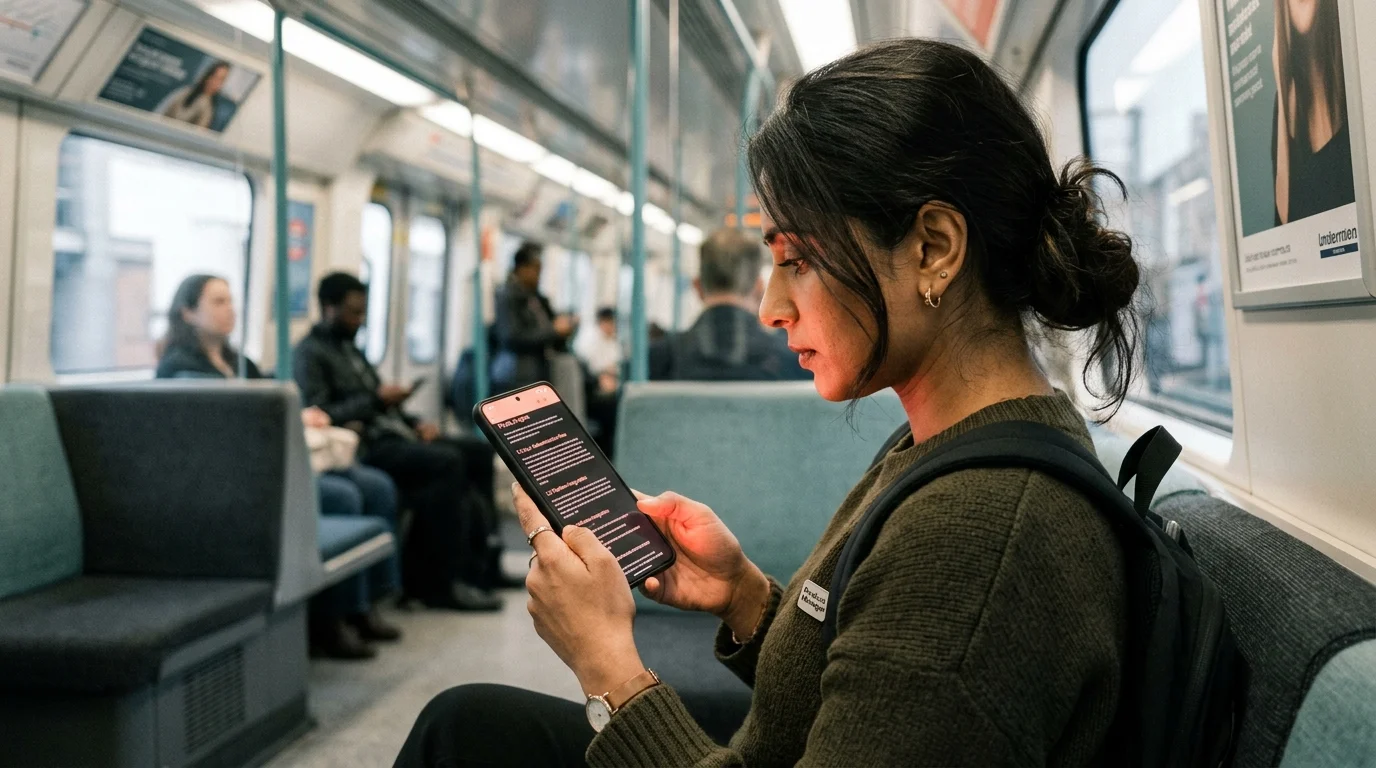 A South Asian woman product manager reading a long product spec on her phone during a morning subway commute, warm coral screen glow on her face, editorial photography style