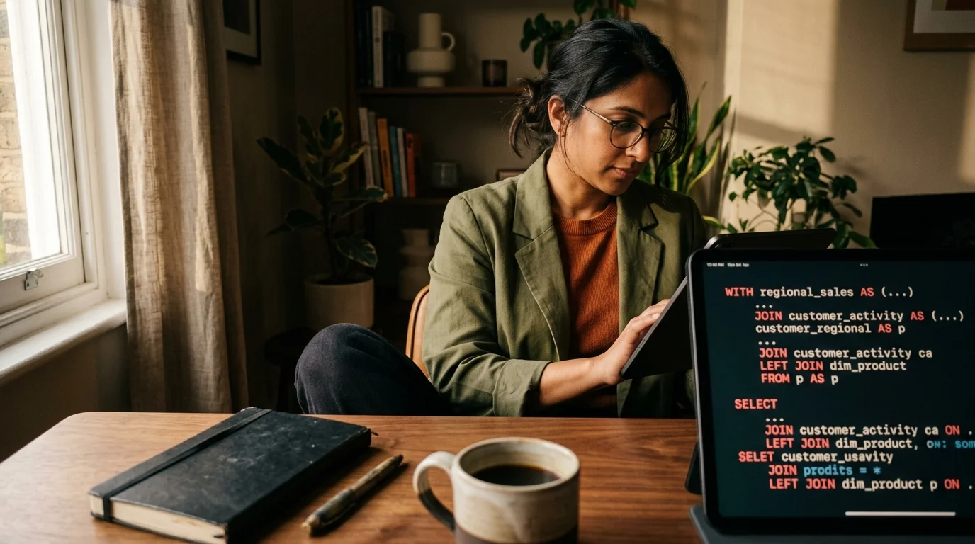 A South Asian woman data analyst reviewing a syntax-highlighted SQL query on a tablet at a warm walnut desk, with coral keyword accents glowing on a near-black editorial background in soft late afternoon light