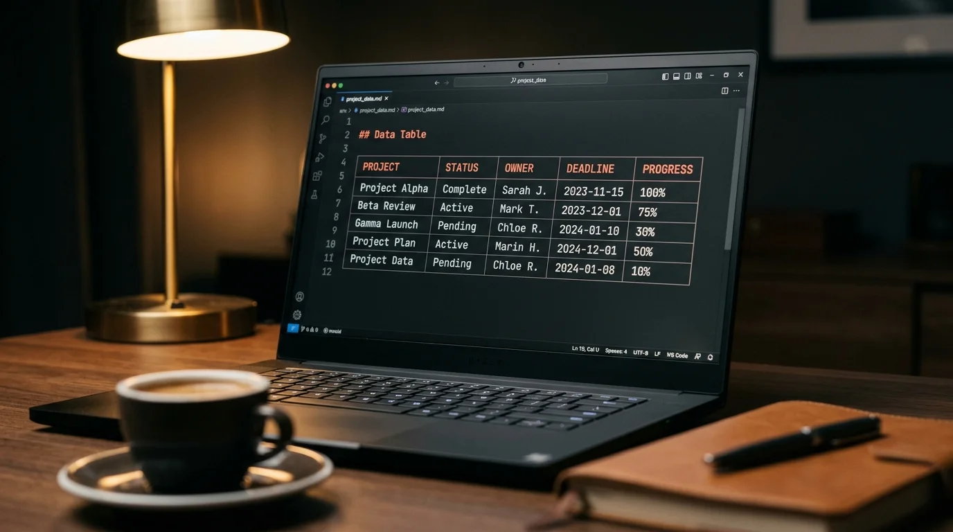Close-up editorial photo of a matte black laptop screen showing a perfectly aligned markdown data table with warm coral accent headers on a deep charcoal background, monospace typography, espresso and leather notebook softly out of focus on the desk