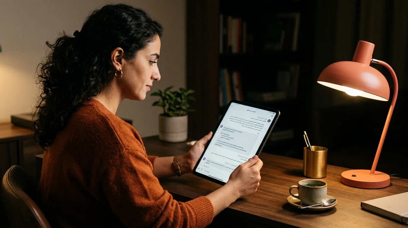 A Middle Eastern woman in her thirties reading a long Arabic AI chat transcript on a tablet with inline English code, warm coral lamp light across a dark walnut desk, editorial lifestyle photography.