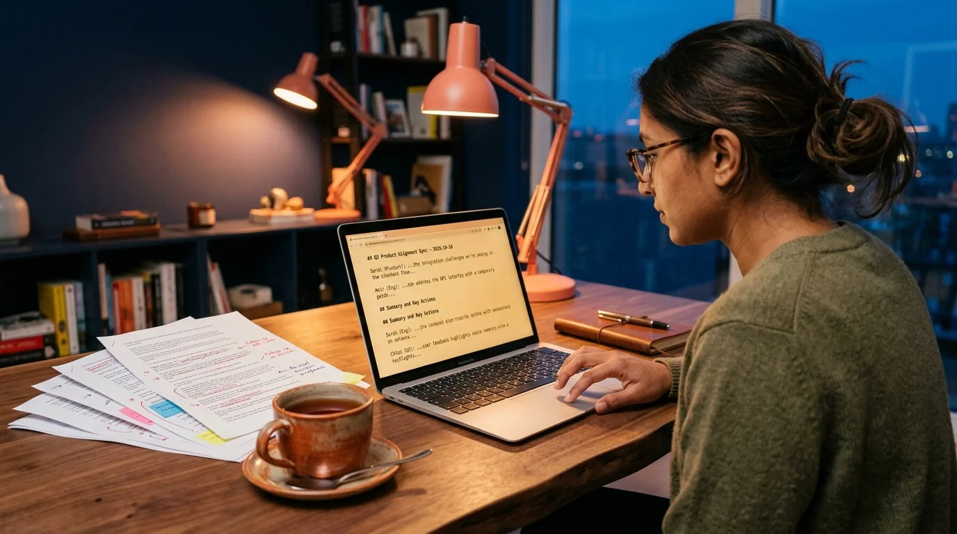 A South Asian woman product manager reads an AI-generated meeting transcript on a laptop at a walnut desk lit by warm coral lamplight, printed transcripts and a tea mug beside her.
