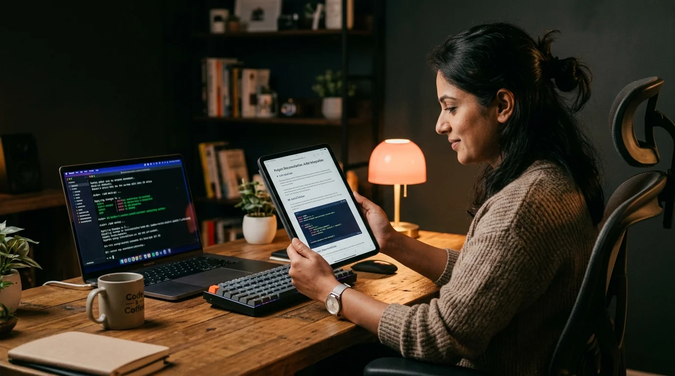 A South Asian developer on a warm wooden desk reading a beautifully typeset Aider chat history on an iPad, with a MacBook terminal glowing softly in the background.