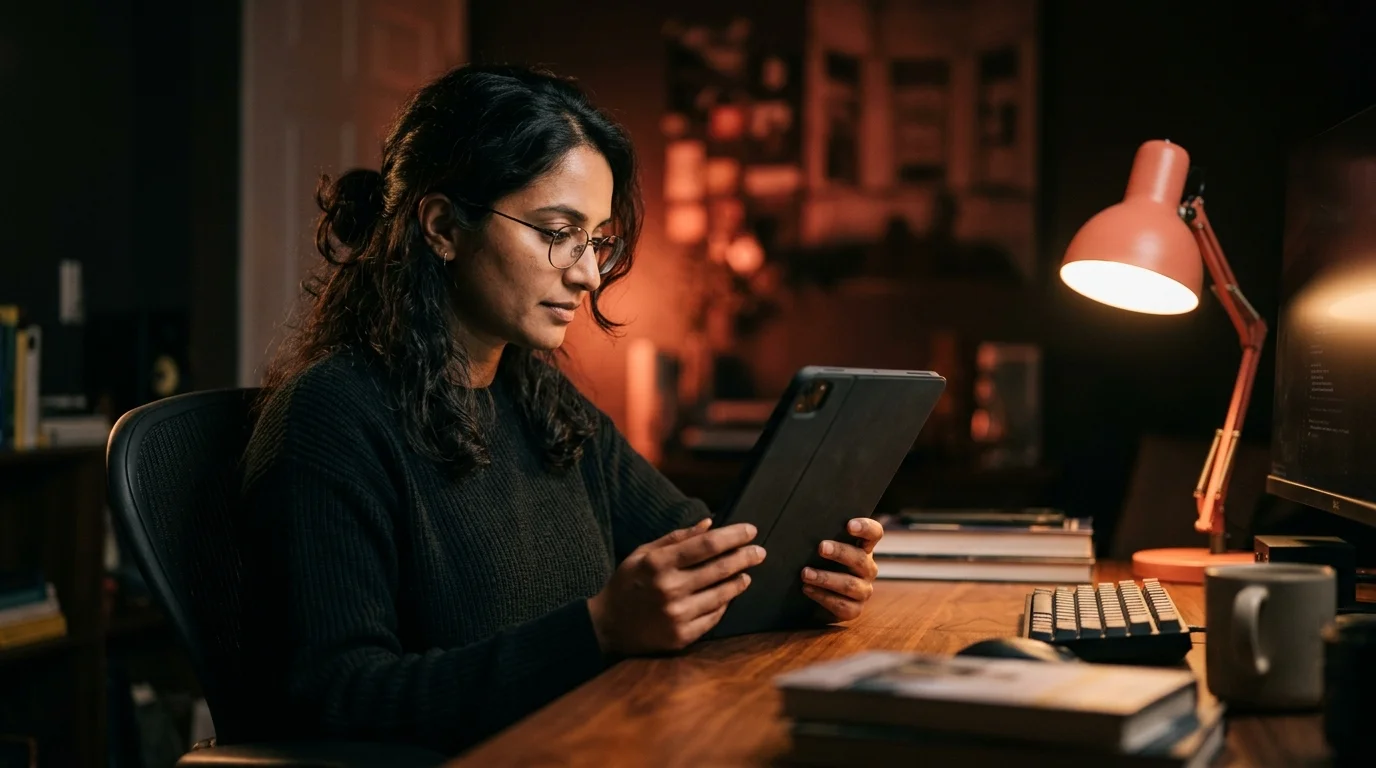 A South Asian woman software engineer reading an Amazon Q Developer chat transcript on a matte black tablet at a walnut desk lit by a warm coral desk lamp