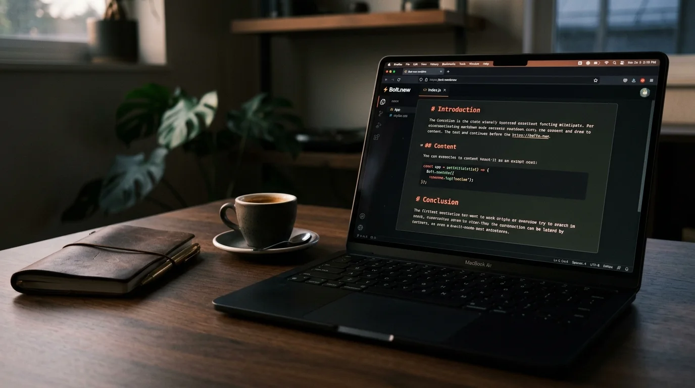 A matte black laptop on a dark desk displays typeset markdown with warm coral heading accents, a Bolt.new sandbox faint in the background, moody editorial lighting from the upper left.