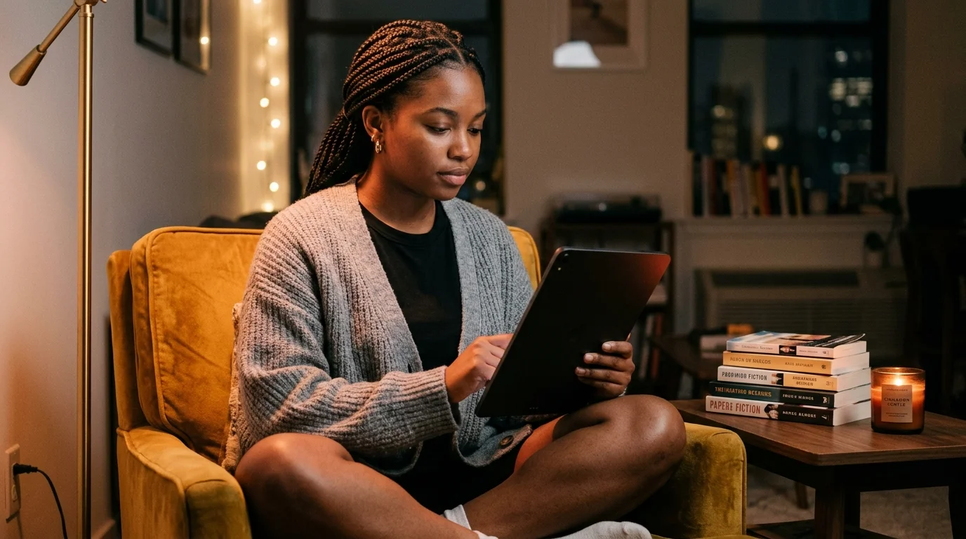 A 20s Black woman with box braids pulled back and small gold hoop earrings, wearing an oversized soft grey knit cardigan over a black tee, sitting cross-legged on a low velvet mustard armchair in a dim modern Brooklyn apartment at night, cradling a matte black tablet in portrait orientation that displays a long Character.AI conversation rendered as clean editorial markdown with warm cream serif body text on near black background, coral H2 heading marking a scene break, and a soft italic block of dialogue set apart from narration, a small stack of paperback fiction and a half burned cinnamon candle on the low walnut side table beside her, warm tungsten side light from a brass floor lamp casting a soft coral rim glow along the tablet bezel, editorial magazine style.
