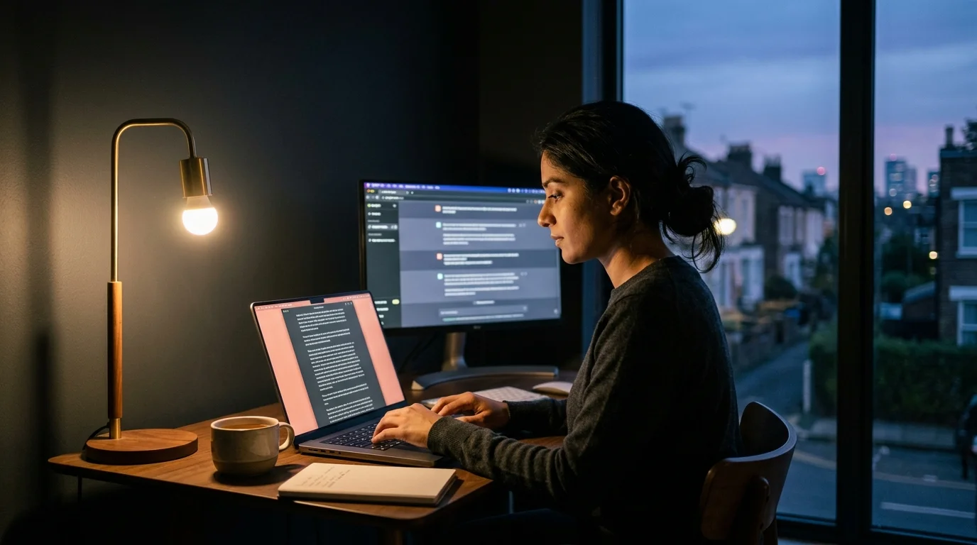 A South Asian product designer at a dim home desk reading a long markdown document on a laptop with warm coral accent lighting, ChatGPT Atlas browser visible on a second monitor behind.