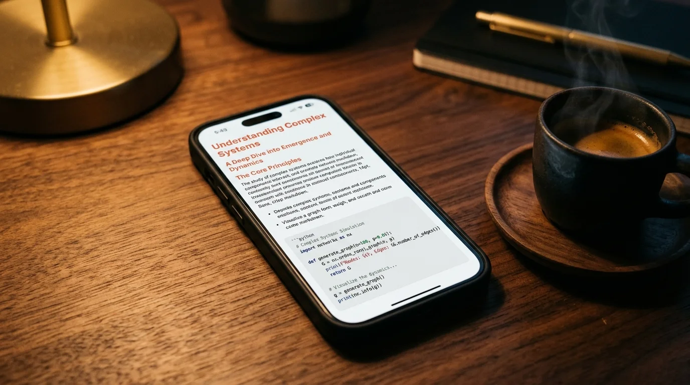 A matte-black smartphone on a walnut desk displaying a long ChatGPT Canvas document in editorial markdown with warm coral accent headers, lit by a brass reading lamp with a ceramic espresso cup beside it.
