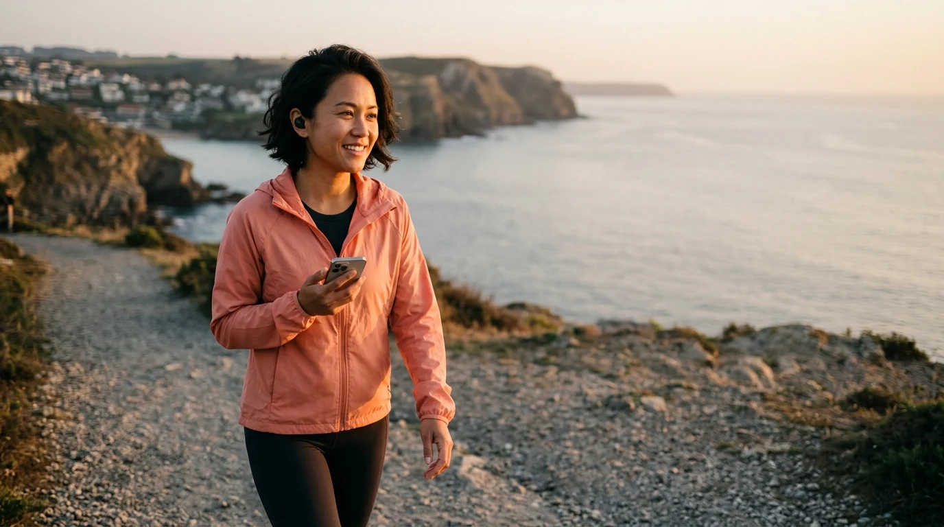 A woman walking outdoors at golden hour wearing wireless earbuds, mid-conversation with a phone in hand, warm coral light against a dark coastal path.
