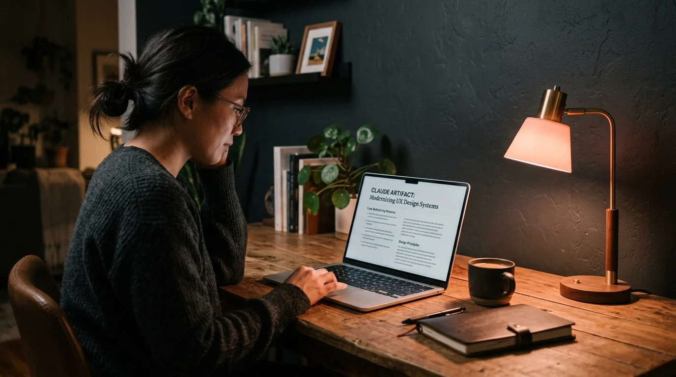 An East Asian software designer reading a long Claude Artifact rendered in warm coral accented typography on a laptop at a dark wooden desk, editorial photography
