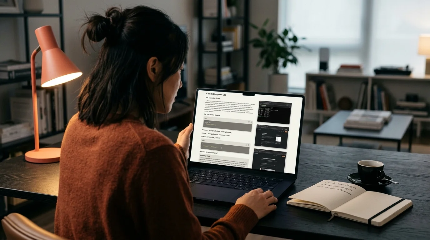 An East Asian software engineer reads a long Claude Computer Use transcript on a matte laptop, with reasoning text, JSON tool calls, and inline screenshot thumbnails visible, lit by a single coral accent lamp on a dark desk.