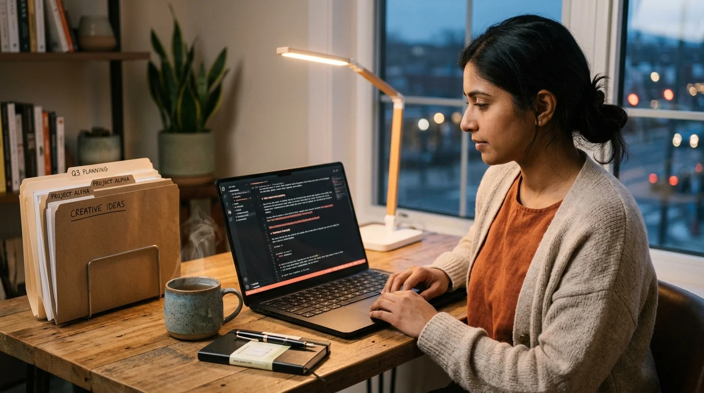 A South Asian woman in her early 30s reads a long markdown AI conversation on a matte laptop at a warm-lit wooden desk at dusk, coral accents glowing on a dark editor background, a mug of tea and labeled folders beside the laptop.