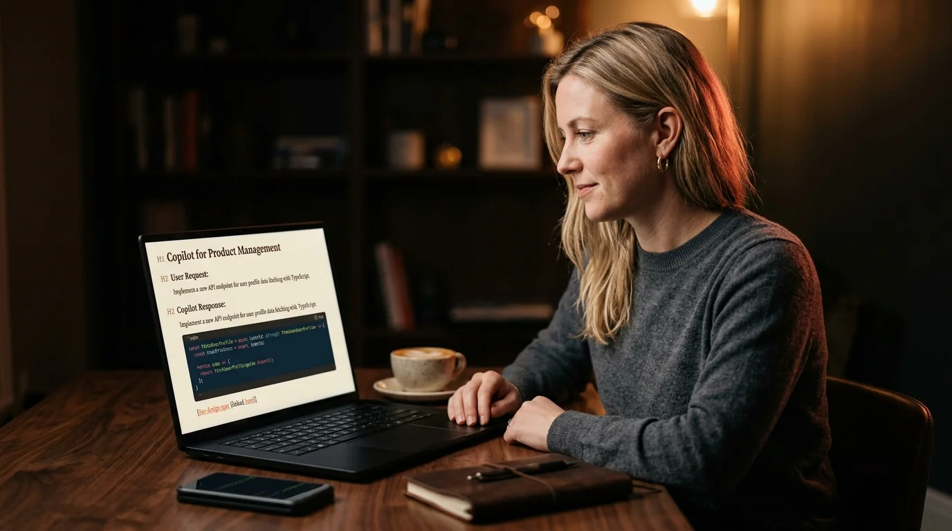A 30s white woman product manager with shoulder-length blonde hair in a charcoal merino crewneck sweater at a dark walnut desk reading a long rendered markdown Microsoft Copilot conversation on a 16 inch matte-black laptop, the screen showing a clean single-column editorial layout with H2 section headings in warm cream serif type, a fenced TypeScript code block with syntax highlighting, an inline citation footnote chip, and warm coral underlined inline links, a closed Surface phone face down beside the laptop, a small ceramic cappuccino cup and a folded leather notebook on the desk, lit by warm tungsten side light and a soft coral rim glow against a near-black background.