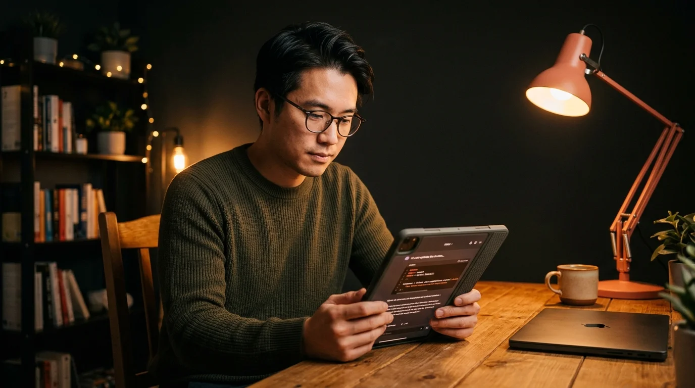 A 30s East Asian male software developer reading a long Cursor AI coding transcript on a matte tablet at a warm wooden desk under a coral desk lamp, editorial night shot.
