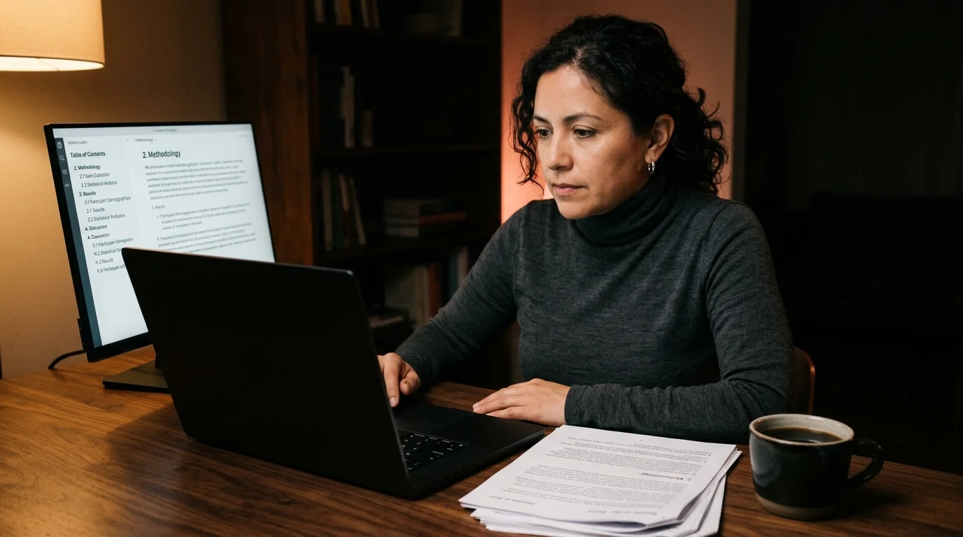 A 40s Latina woman in a charcoal merino turtleneck reading a long rendered markdown research report on a 16 inch matte-black laptop at a dark walnut desk, with a sticky table-of-contents sidebar visible on screen showing nested sections, a stack of printed citation pages and a ceramic mug of black coffee beside her, lit by warm tungsten side light and a soft coral rim glow against a near-black background.