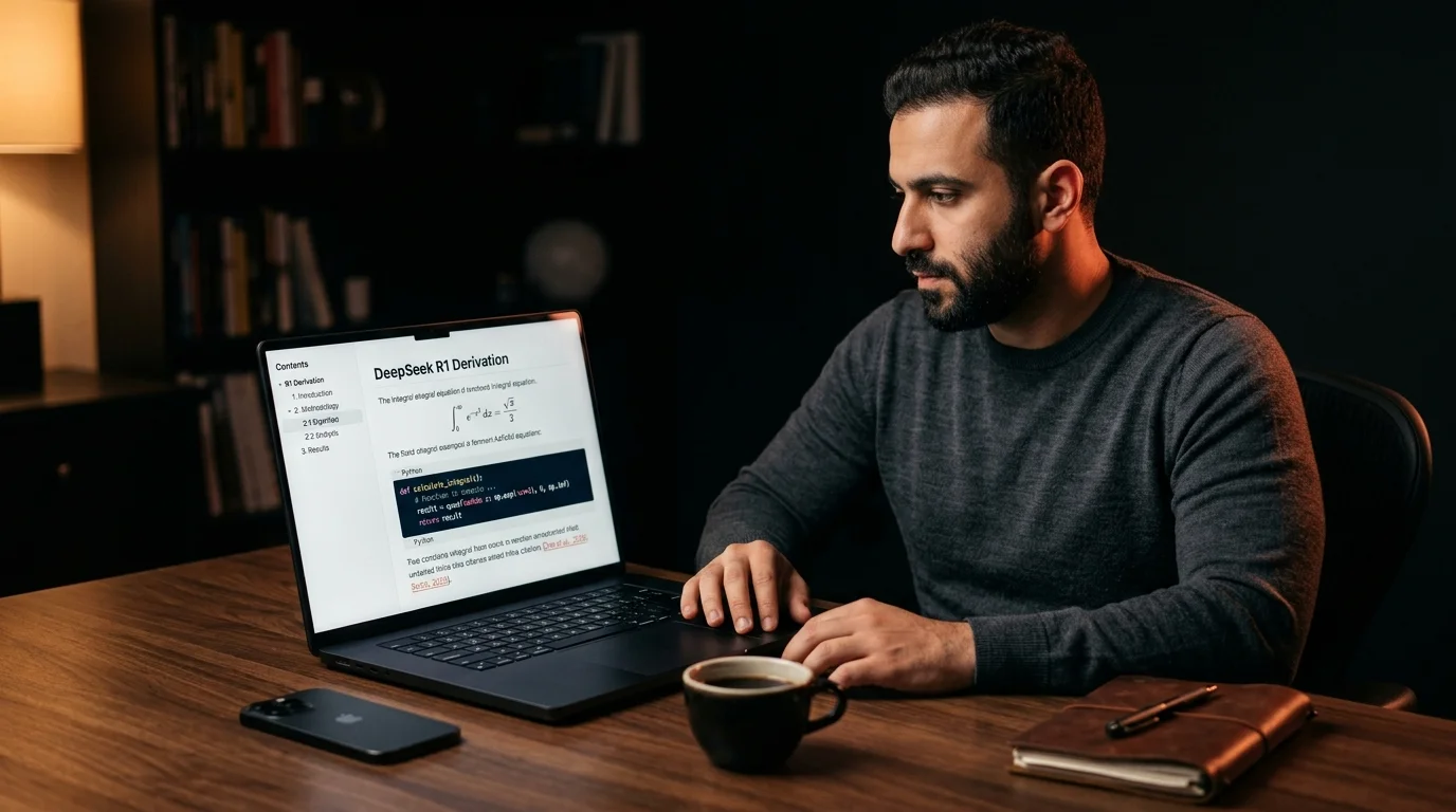 A 30s Middle Eastern man in a charcoal merino crewneck sweater at a dark walnut desk reading a long rendered markdown DeepSeek R1 derivation on a 16 inch matte-black laptop, the screen showing a sticky table of contents sidebar with nested section anchors and a main editorial column displaying a rendered KaTeX integral equation, a fenced Python code block with syntax highlighting, and warm coral underlined inline citation links, a closed iPhone face down beside the laptop, a small ceramic mug of black coffee and a folded leather notebook on the desk, lit by warm tungsten side light and a soft coral rim glow against a near-black background.