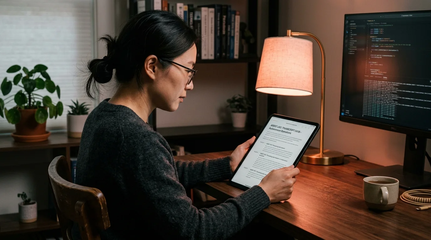 A 30s East Asian woman software engineer reads a long Devin AI session transcript rendered as a clean editorial document on a matte tablet, warm coral desk lamp glow, dim home office, terminal output faint on a second monitor behind her.