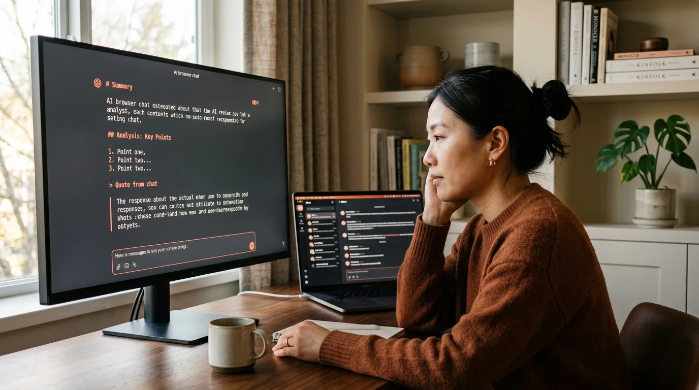 A 30s East Asian woman designer at a walnut desk reading a Dia browser AI chat rendered as clean markdown on a large matte dark display with coral accents, second laptop showing the sidebar chat behind it, warm late-afternoon window light